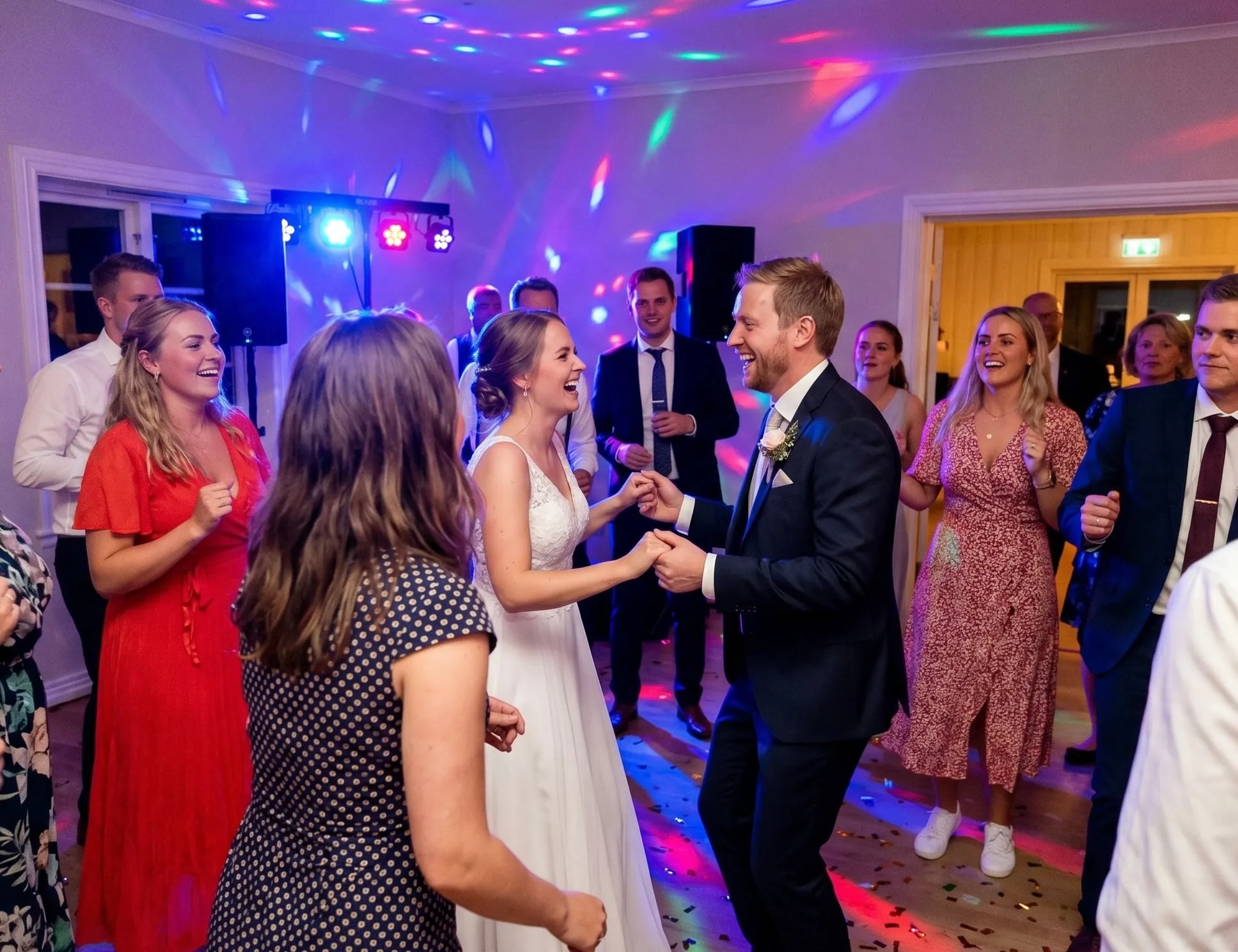 Brudepar som danser på dansegulvet med festlys