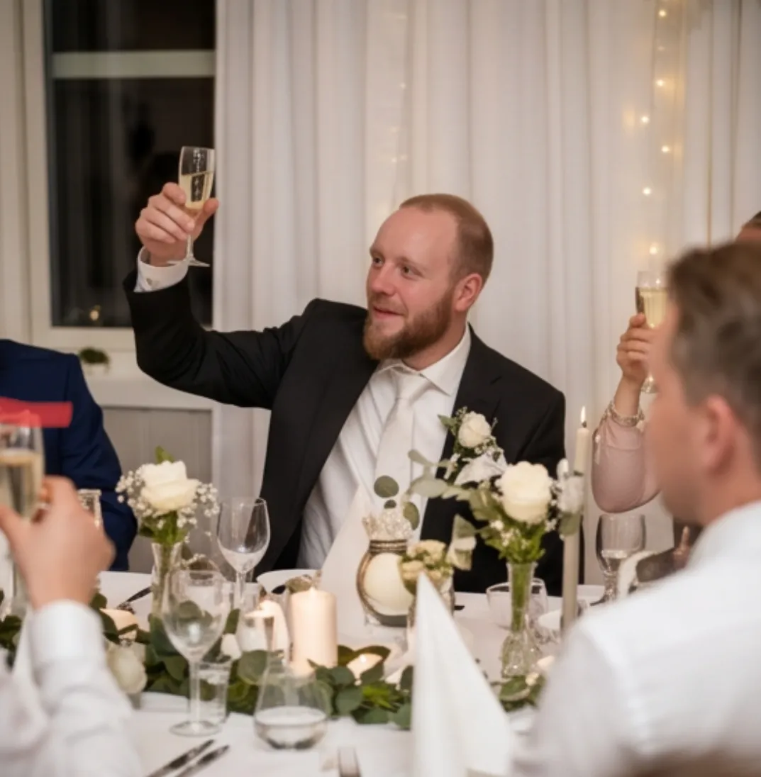 Brudgommen skåler i champagne under bryllupsfesten